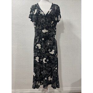 Style & Co Black White Floral V-Neck Babydoll Sz L Asymmetrical Hem Flayer Sleev